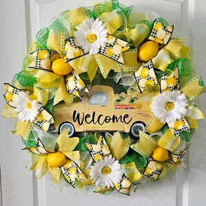 🍋 Lemon Welcome Wreath with Vintage Truck & Daisies – Summer Door Decor 🌼